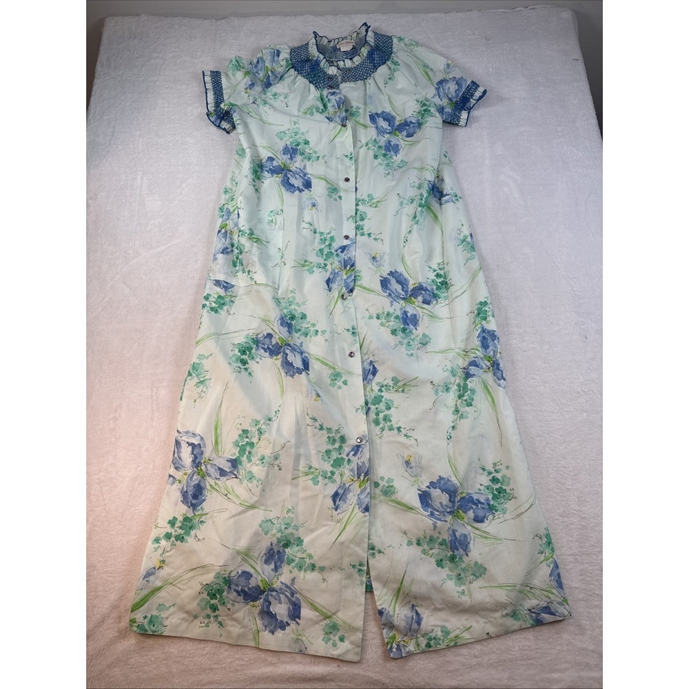 Vintage 80s 90s Blue Floral Duster House Dress Sleepwear Grannycore Large Retro